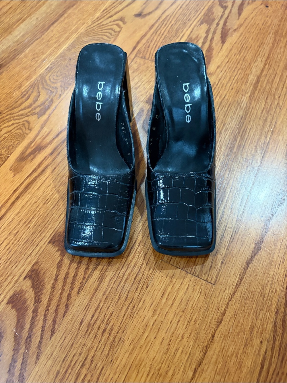 Bebe Black Croc-Embossed Square-Toe Slide Mules, size 5